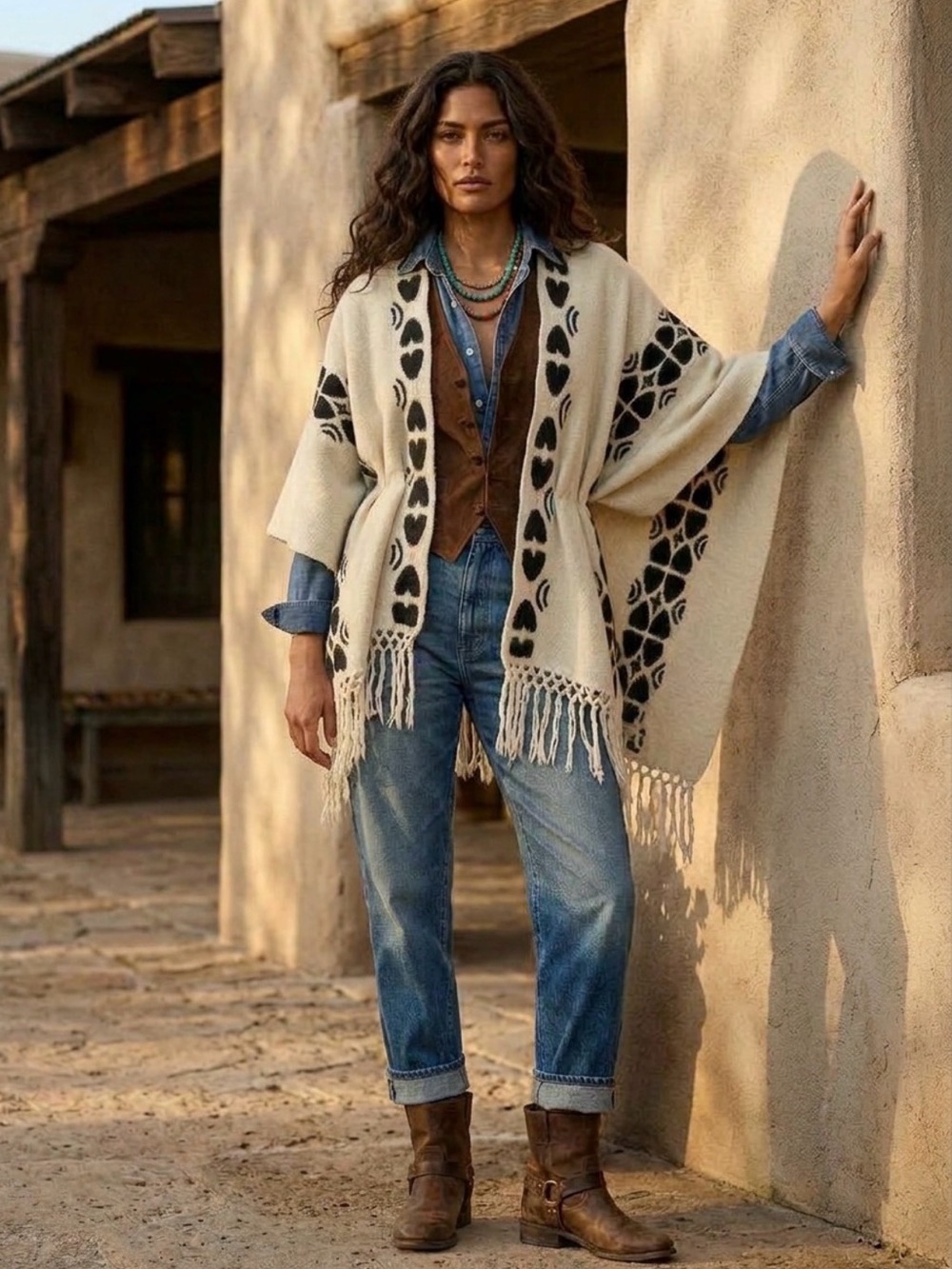Alpaca Cream Fringe Poncho Sweater